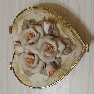 Vintage Bisque Porcelain Jewelry Box With Roses and Gold Trimming